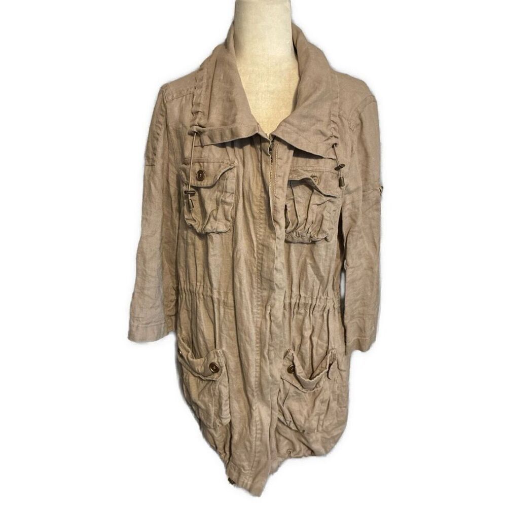 victor alfaro Cargo Safari 100% linen khaki beige long sleeve jacket 10 Medium
